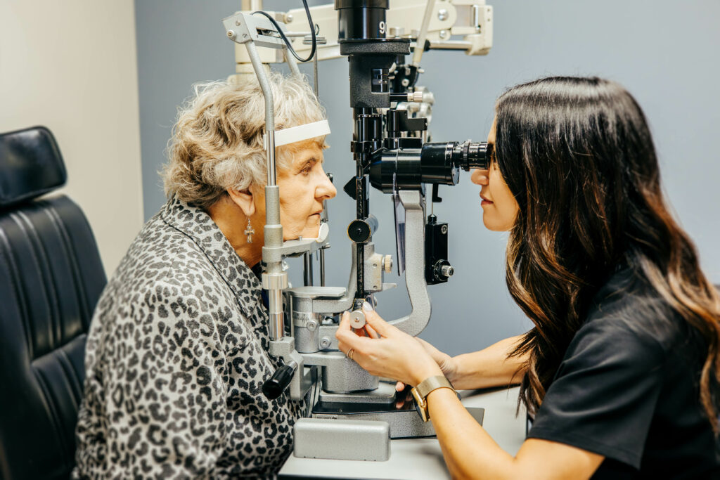 Older woman having her eyes examined